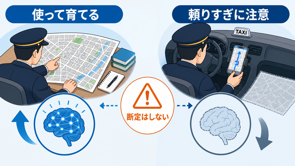 地図を使う訓練とGPSへの依存を比較し、空間記憶との関係を断定せず示す図解