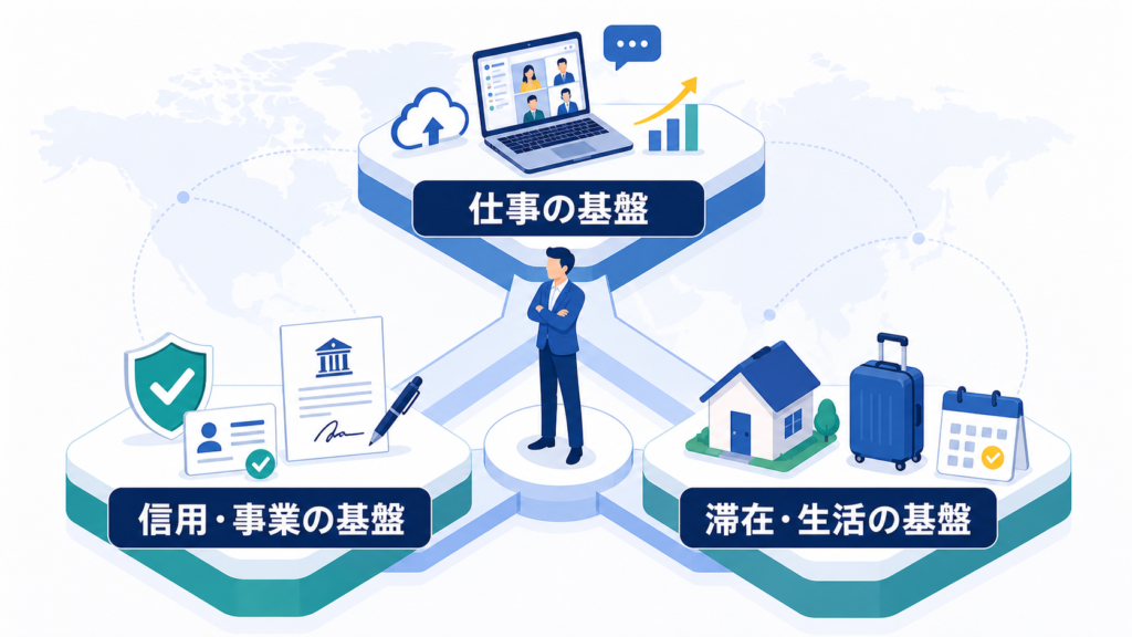 越境して働くための仕事、信用・事業、滞在・生活の三基盤を示す図解