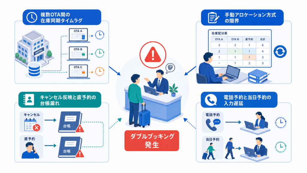 複数OTA間の在庫同期タイムラグと手動アロケーション方式の限界を中心に、この章で扱う要素の関係を整理した図解