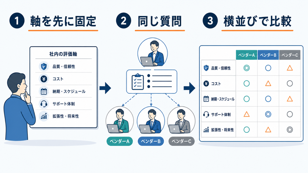 相見積もり前に評価軸を固定し、同じ質問への回答を横並びで比較する手順