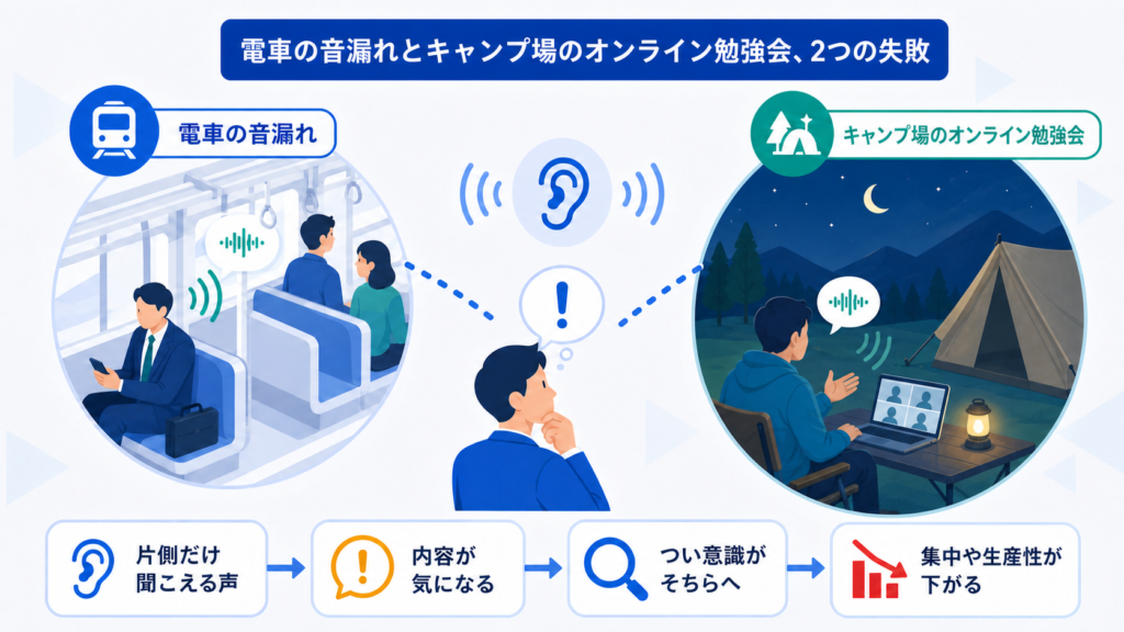 電車の音漏れとキャンプ場の勉強会、2つの失敗を中心に、この章で扱う状況と意味を分かりやすく整理した図解