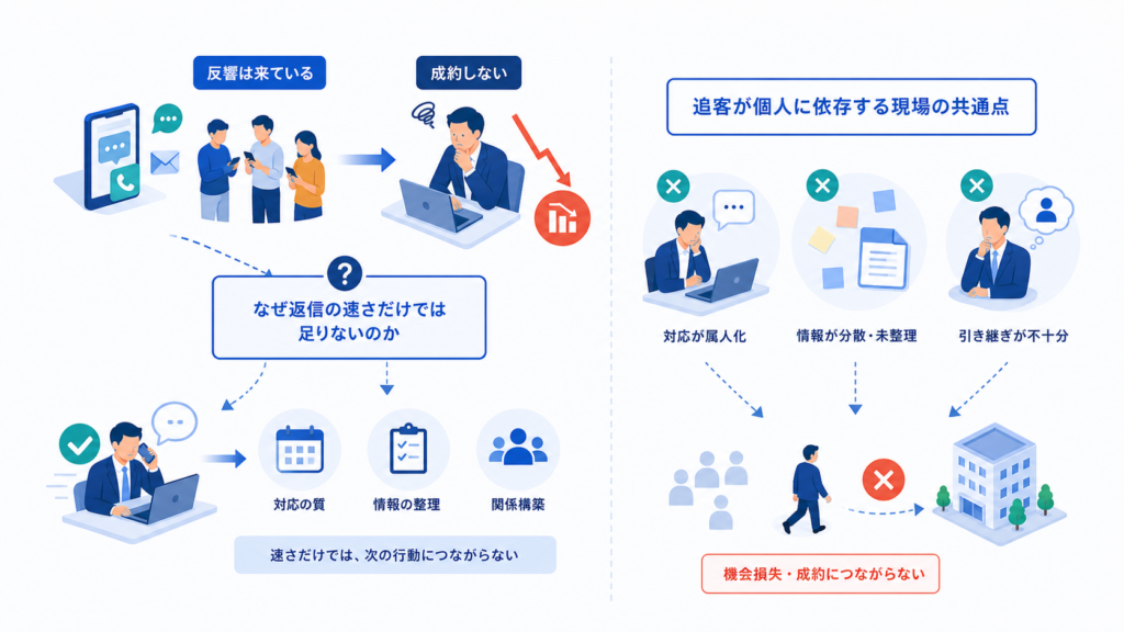 なぜ返信の速さだけでは足りないのかと追客が個人に依存する現場の共通点を中心に、この章で扱う要素の関係を整理した図解