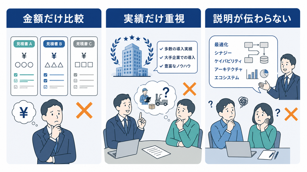 金額だけの比較、実績偏重、伝わらない説明というベンダー選定の失敗例