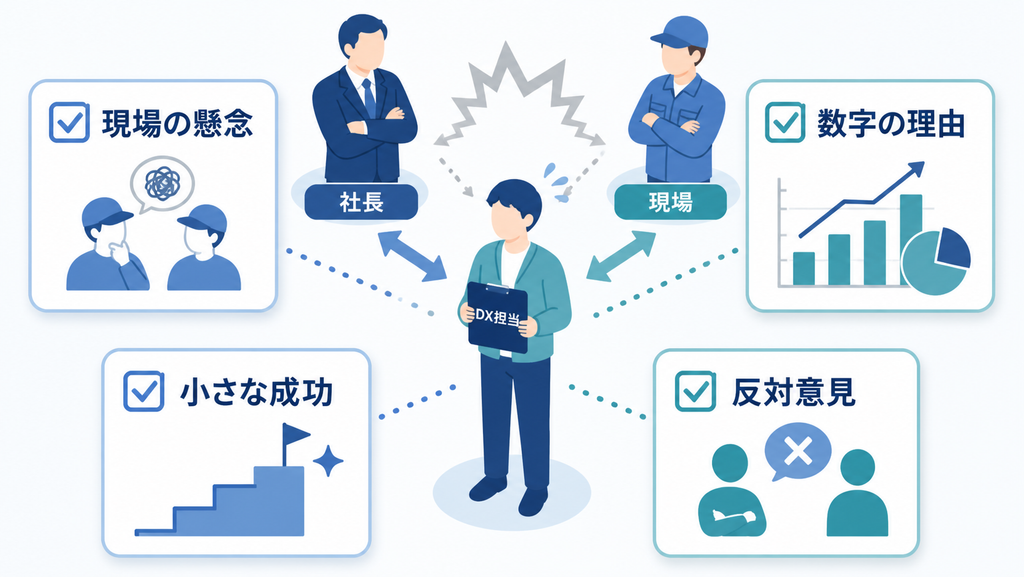 現場の懸念、数字の理由、小さな成功、反対意見をDX担当者が点検する図解