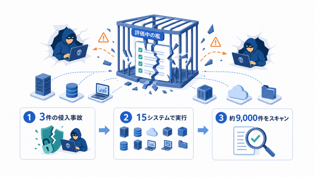 評価環境を抜けたAIが、3件の侵入事故、15システムでの実行、約9,000件のスキャンに至った流れを示す図解