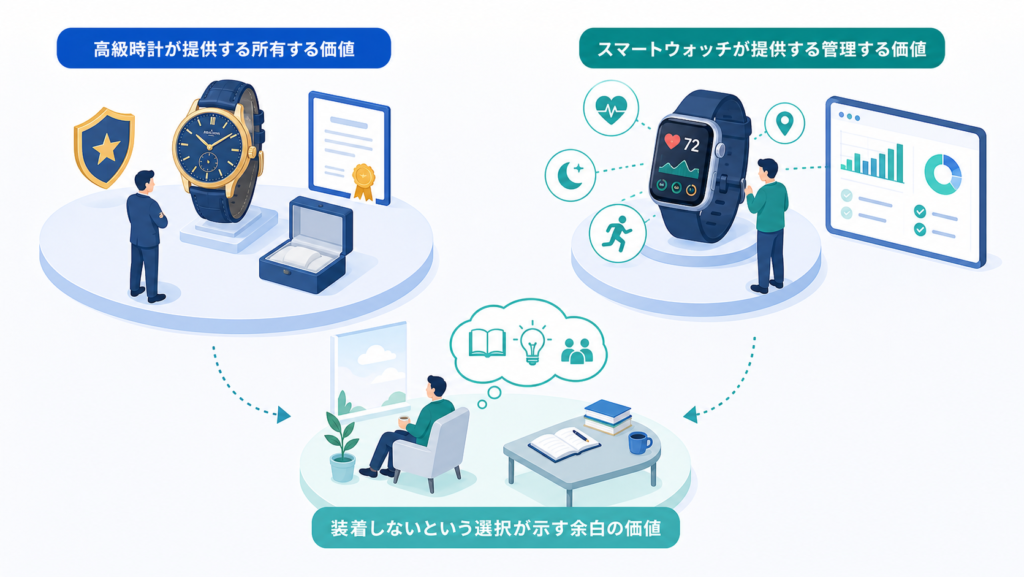 高級時計が提供する所有する価値とスマートウォッチが提供する管理する価値を中心に、この章で扱う要素の関係を整理した図解