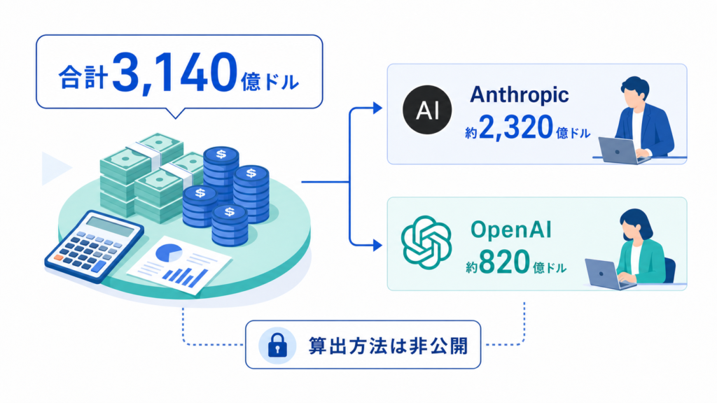 合計3,140億ドルの試算内訳と、Anthropic約2,320億ドル、OpenAI約820億ドルの関係を示す図解