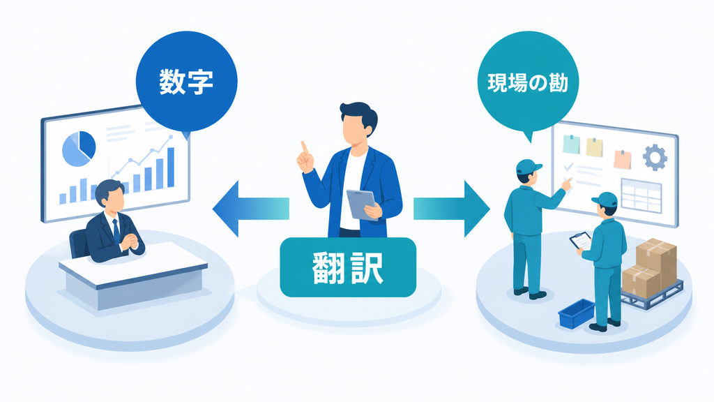 経営層が見る数字と現場が持つ勘を、DX担当者が双方向に翻訳する構造