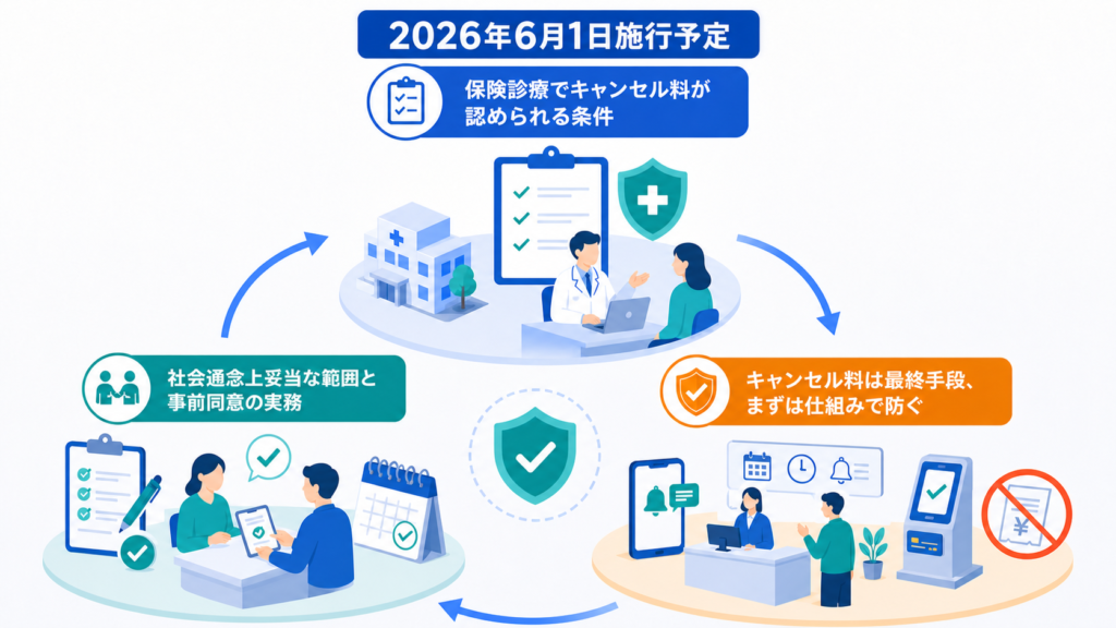 2026年6月1日施行予定の新ルールに基づく、保険診療のキャンセル料徴収条件と事前同意の実務を示す図解