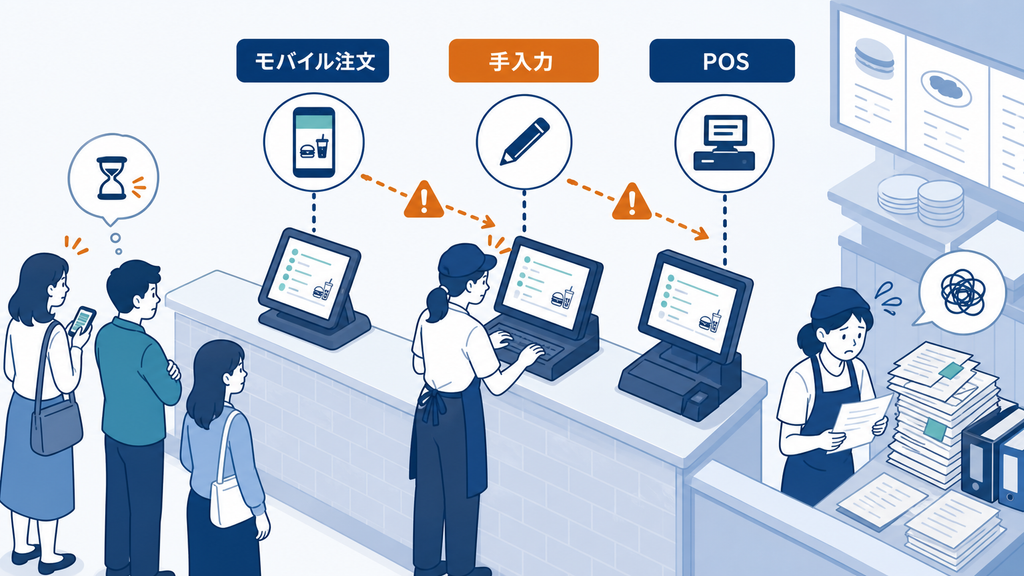 モバイル注文やデリバリーをPOSへ手入力し、二重入力やレジ締め作業に追われる飲食店の様子