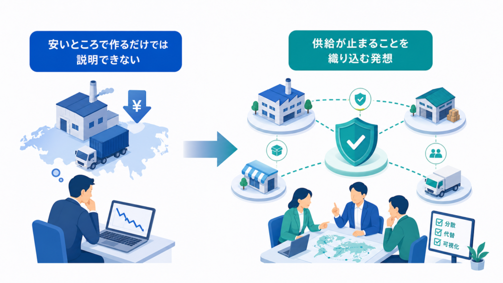 安いところで作るだけでは説明できないと供給が止まることを織り込む発想を中心に、この章で扱う要素の関係を整理した図解