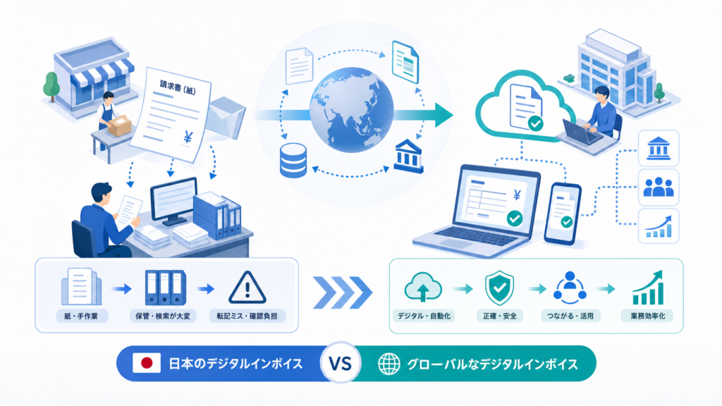 日本のデジタルインボイスとの比較で見える潮流で扱う状況を、人物・業務・仕組みの関係から分かりやすく示した図解