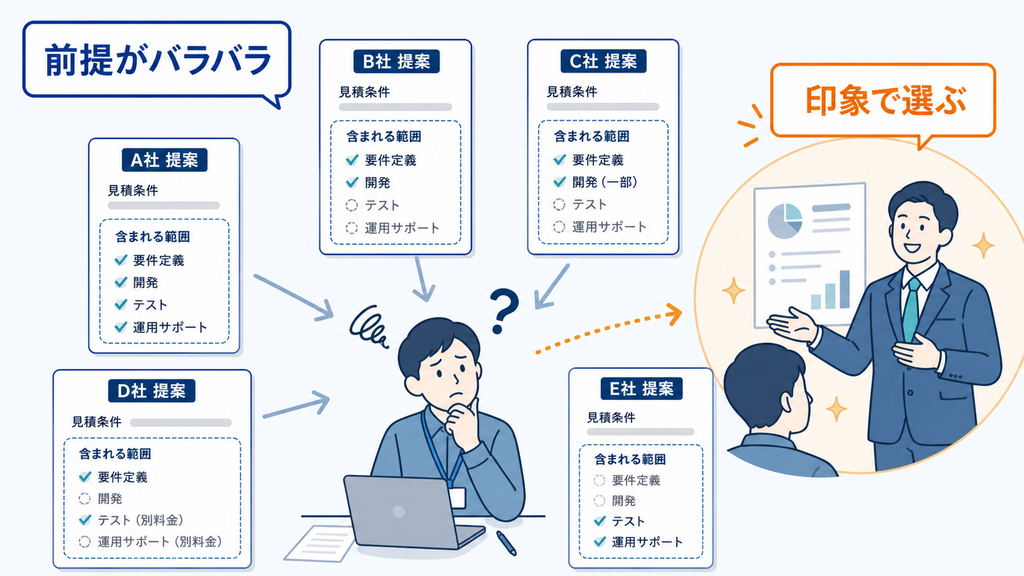 見積もりの前提が各社で異なるため、担当者が印象でベンダーを選びやすくなる状況