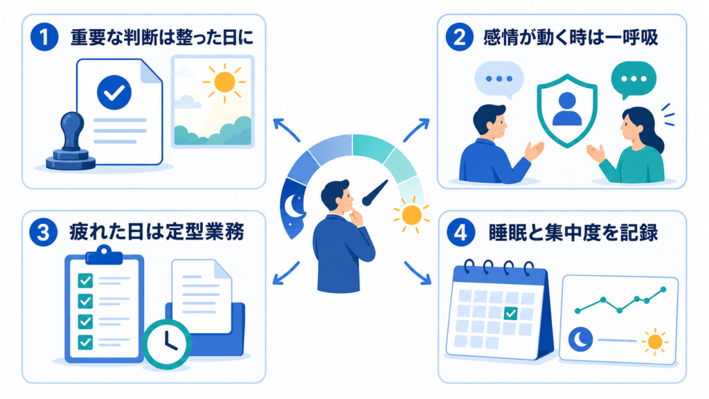 重要判断、感情への対処、定型業務、睡眠記録という四つの仕事の選び方を示した図解