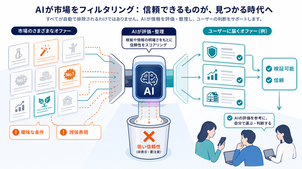 曖昧な条件や誇張表現が評価で不利になり、検証可能で信頼できる情報が届く過程