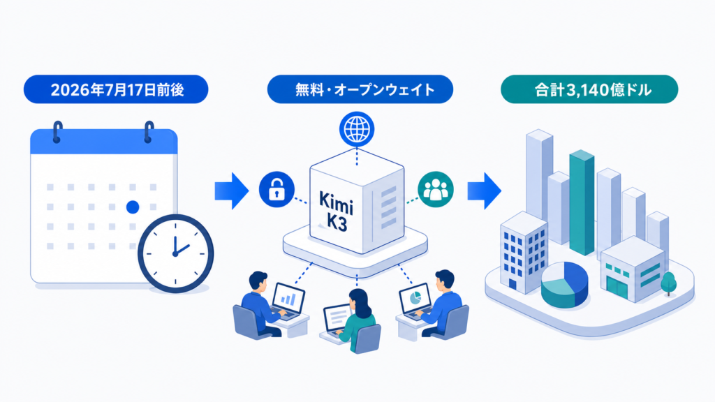Kimi K3が2026年7月17日前後に無料公開され、関連企業の評価額が合計3,140億ドル動いた流れを示す図解