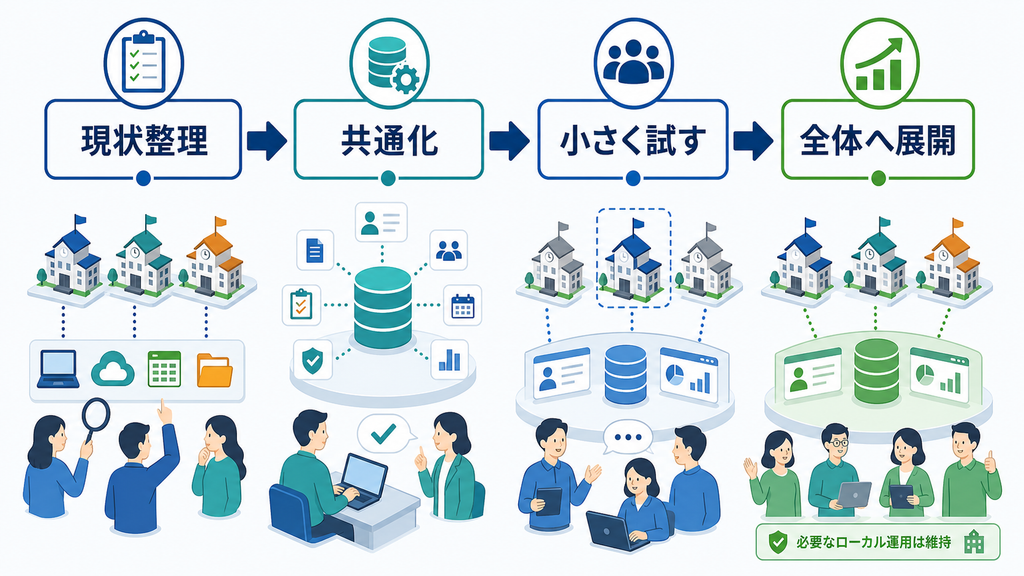 現状整理、情報の共通化、小規模試行、全体展開の順に学習塾システムを統合する手順