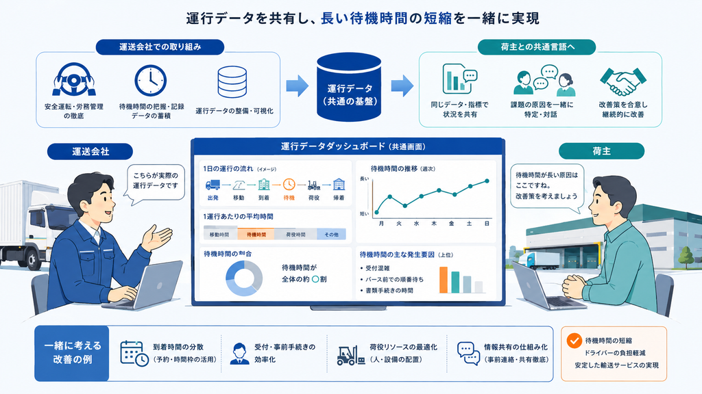 運送会社と荷主が同じ運行データを見ながら、荷積みや荷降ろしの待機時間短縮を相談する様子