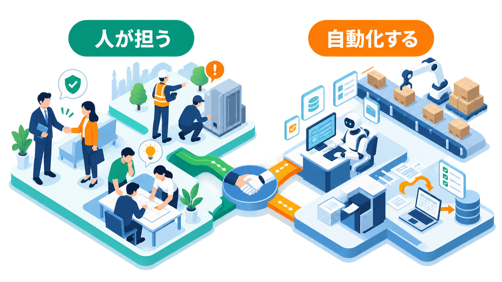 信頼や現場判断を人が担い、標準化できる反復業務を自動化する役割分担