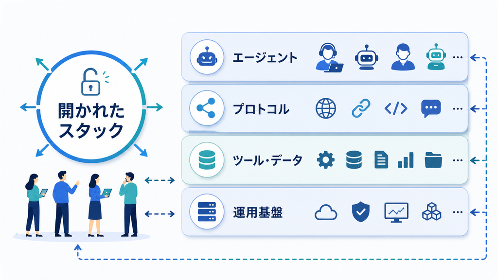 エージェント、プロトコル、ツール・データ、運用基盤まで開放するスタック全体の構造