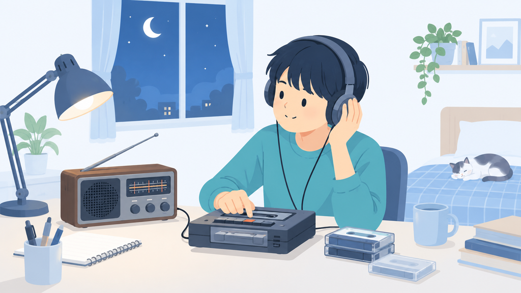 深夜の自室でラジオに耳を傾け、カセットへ放送を録音する中学生の様子