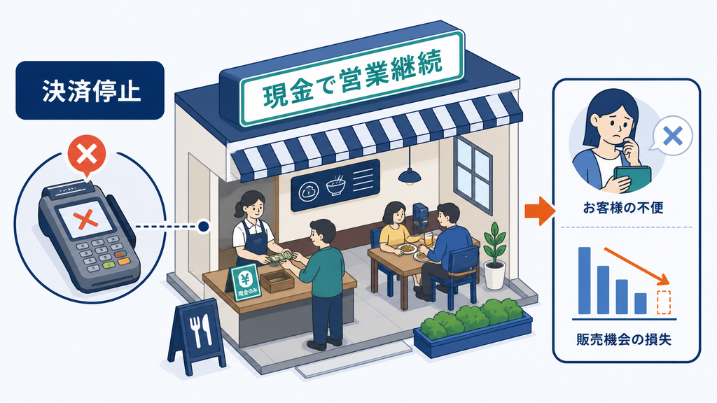 決済サービスの停止後も現金で営業を続ける飲食店と、顧客の不便や販売機会への影響
