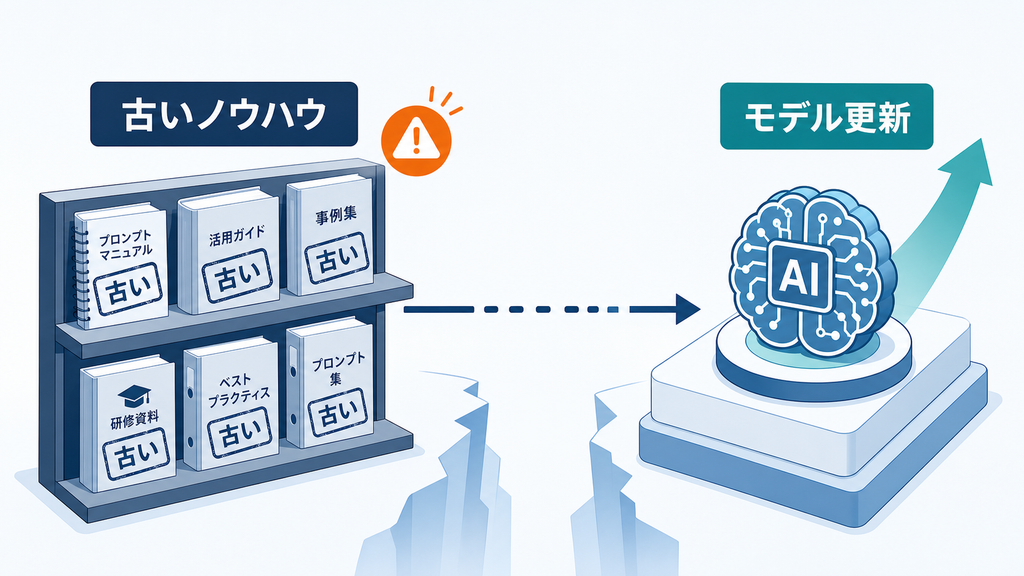 古いプロンプト集や研修資料と、更新を続けるAIモデルとの間に差が広がる様子