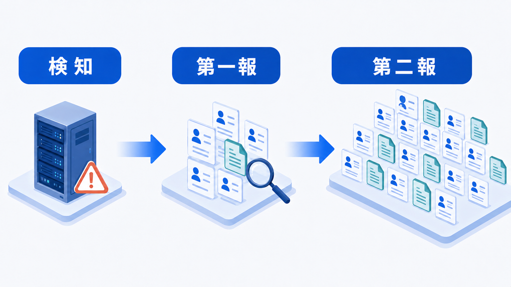 不正アクセスの検知から第一報、第二報へ進むにつれて、影響範囲の見立てが大きく広がる流れを示した図解