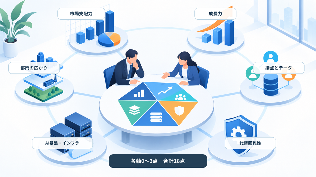 次世代覇権候補を比較する6つの評価軸と、各軸3点満点・合計18点の採点方法を示す説明図解