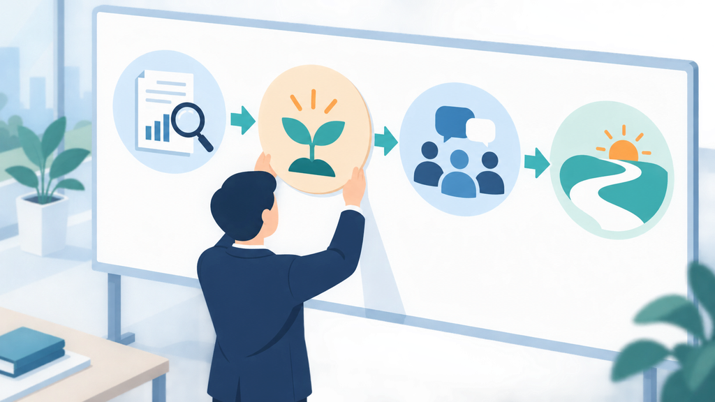 活動の棚卸し、小さな成功、協力者の声、次の期間を一つの報告へ組み立てる流れ