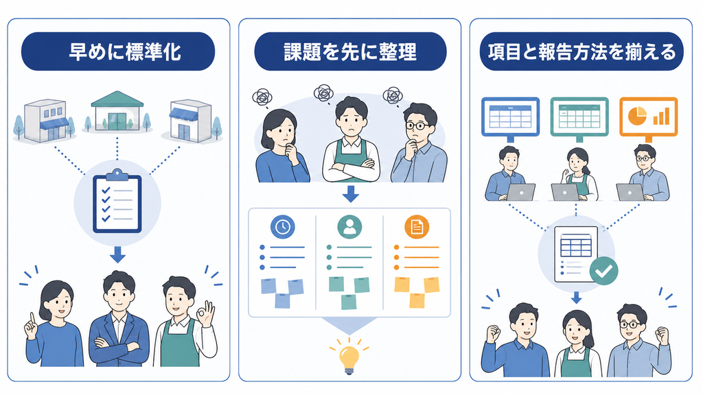 早期標準化、課題整理、記録項目と報告方法の統一という段階的な改善策