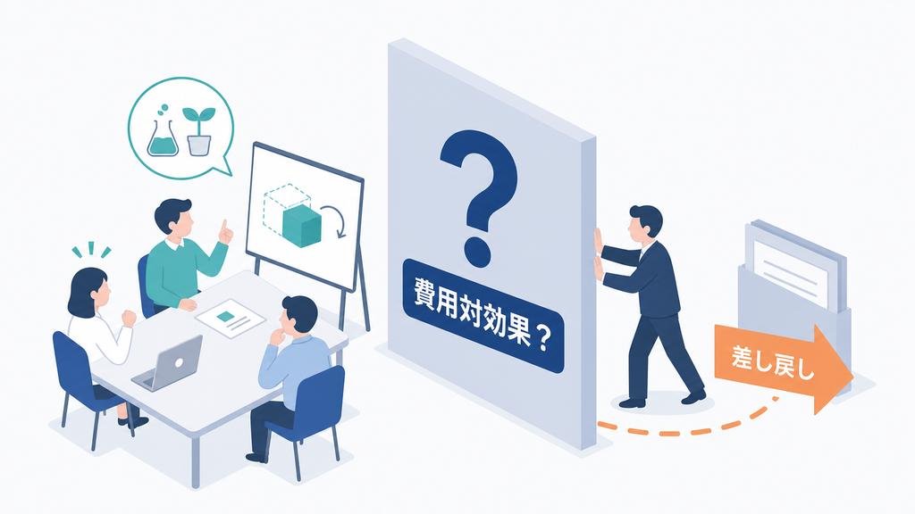 小さなDX実験の提案が、事前の費用対効果を説明できず差し戻される会議