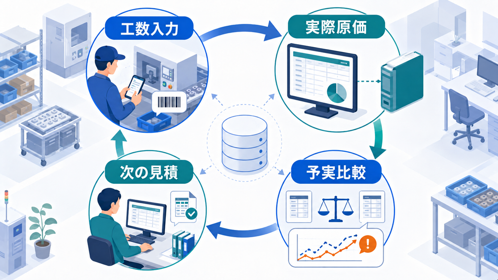スマートフォンやバーコードによる工数入力から、案件別の実際原価集計、予実比較、次の見積への反映までを循環させる図解