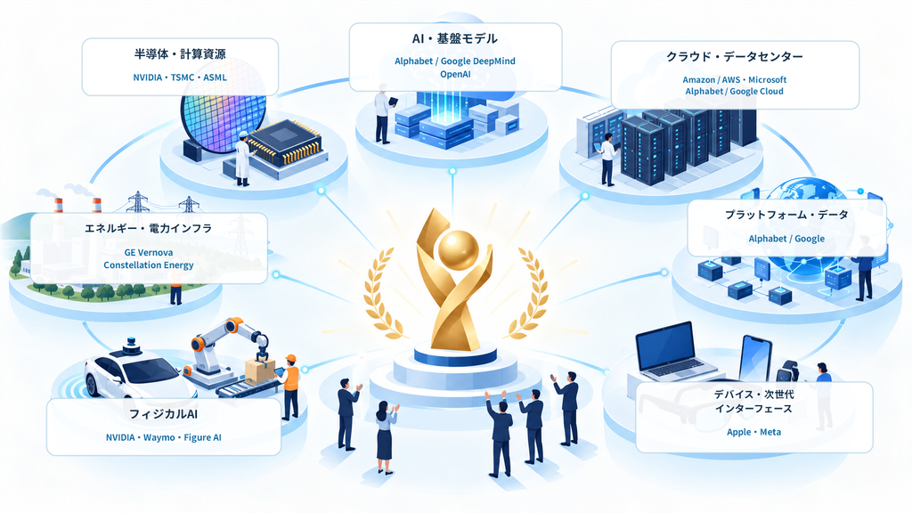 AI・基盤モデルからエネルギー・電力まで、7部門の受賞企業を領域別に整理した説明図解