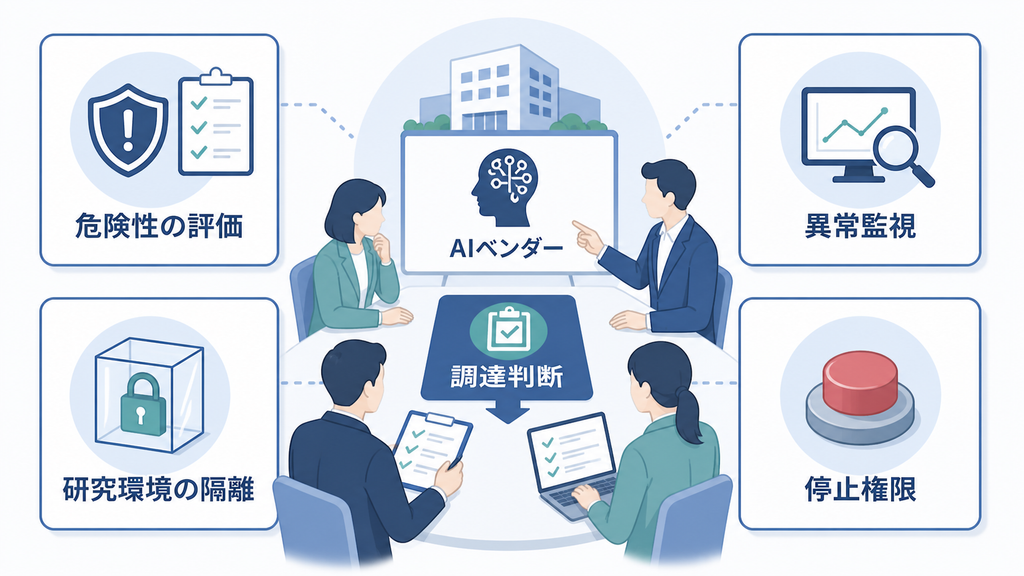 AI調達時に危険性評価、研究環境の隔離、異常監視、停止権限を確認する担当者