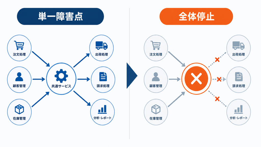複数業務が1つの共通サービスに依存し、その単一障害点の停止で全体が止まる構造