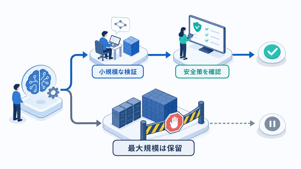 小規模な訓練と安全性評価を続けながら、最大規模の訓練を保留する開発判断の流れ
