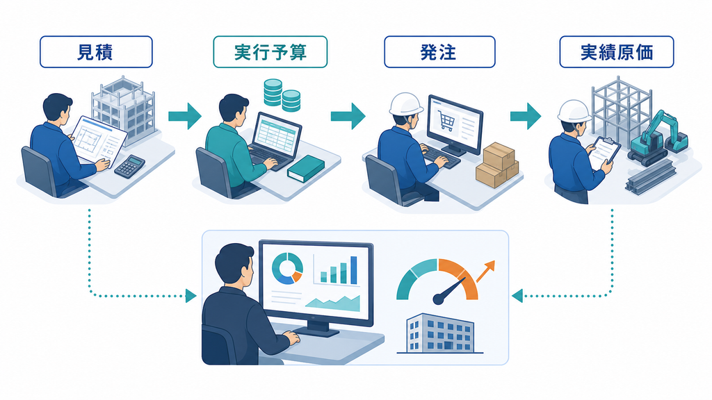 見積、実行予算、発注、実績原価を一つにつなぎ、施工中の利益を確認する流れ