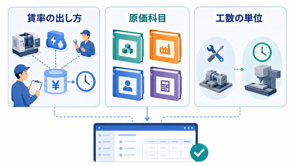 システム導入の前に、賃率の出し方・原価科目の区分・工数を取る単位を自社で決め、そのルールをシステムへ設定する図解
