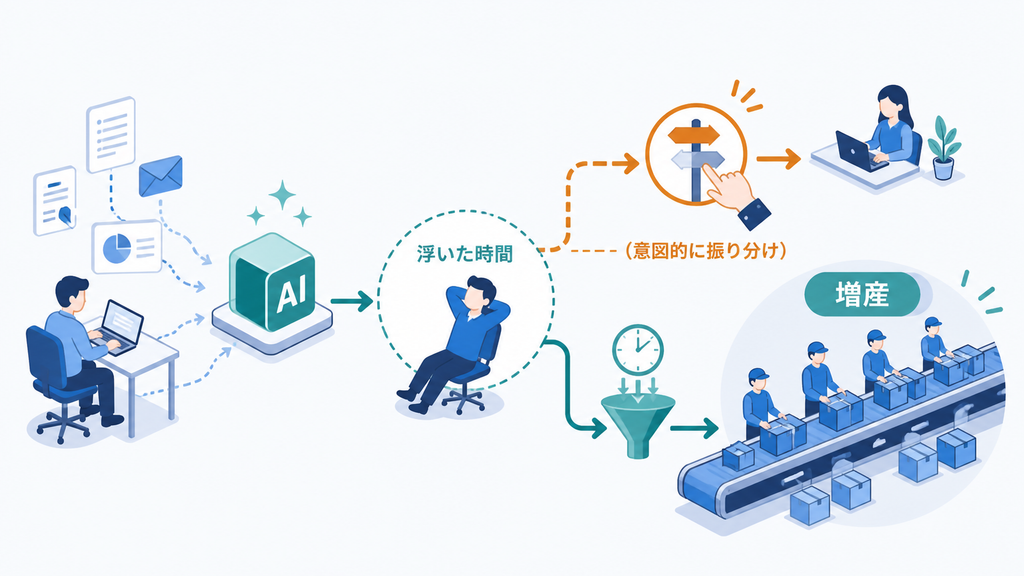 AIで生まれた時間が、方針を決めないまま生産量の増加へ吸収されていく流れを示す図解