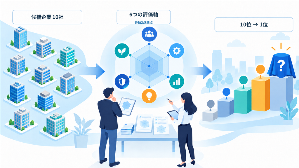 次世代覇権候補10社を6つの評価軸で採点し、10位から1位へ順位を発表していく流れを示す説明図解