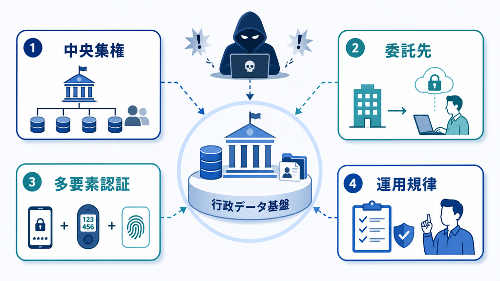 中央集権、委託先、多要素認証、運用規律という行政システムの4つの構造要因
