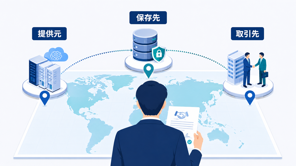 日本企業がAIサービスの提供元、データ保存先、取引先の法域と契約条件を地図で確認する様子