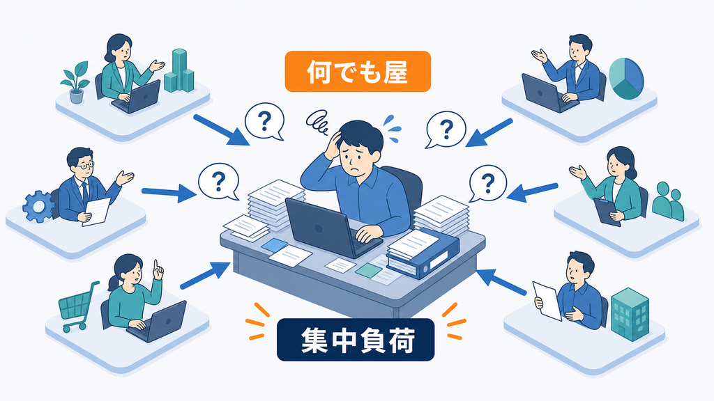 部署をまたぐ相談が一人の何でも屋へ集中し、業務負荷が高まっている様子