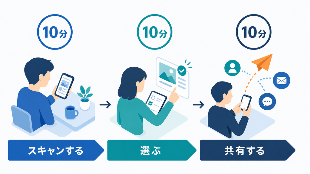 情報を探す、選ぶ、共有する作業を毎日30分の枠へ分けた図解