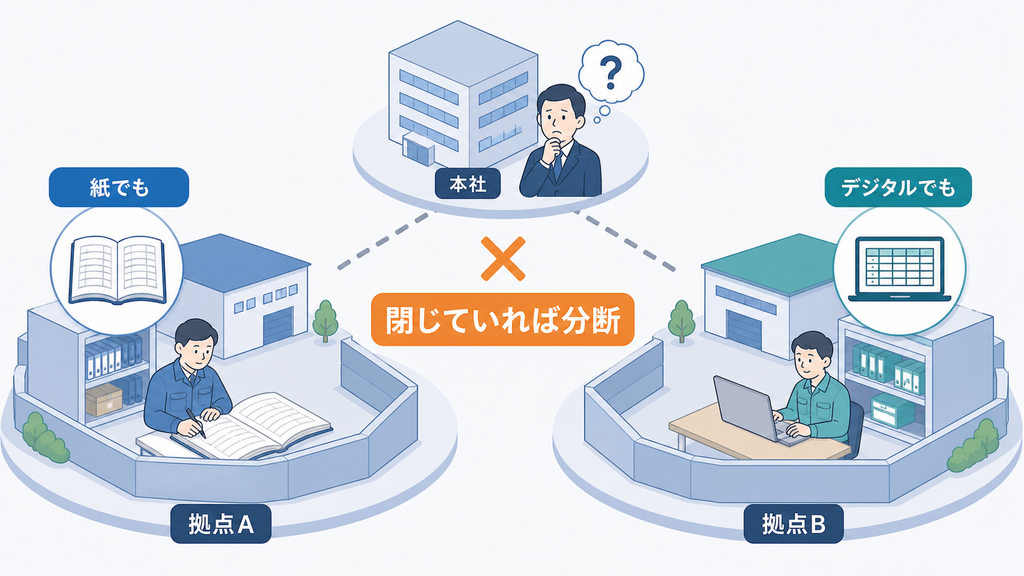 紙かデジタルかに関係なく、情報が拠点内に閉じていれば本部と分断される状態