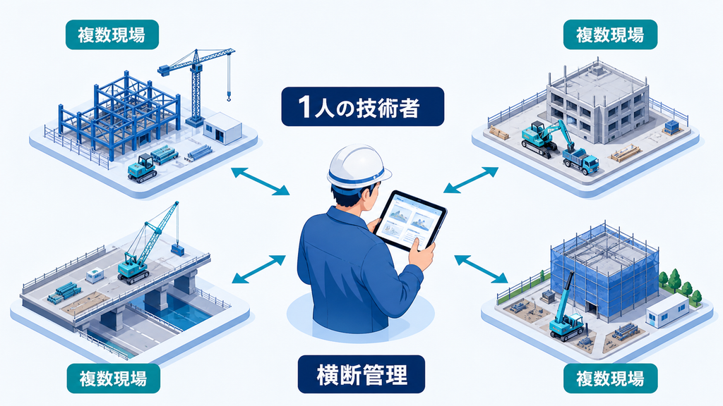 1人の技術者が複数の建設現場を掛け持ちし、進捗を横断管理する様子