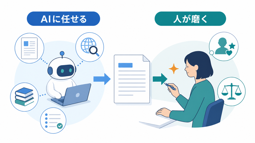一般的な下調べや下書きをAIへ任せ、人が専門判断と経験を磨く役割分担