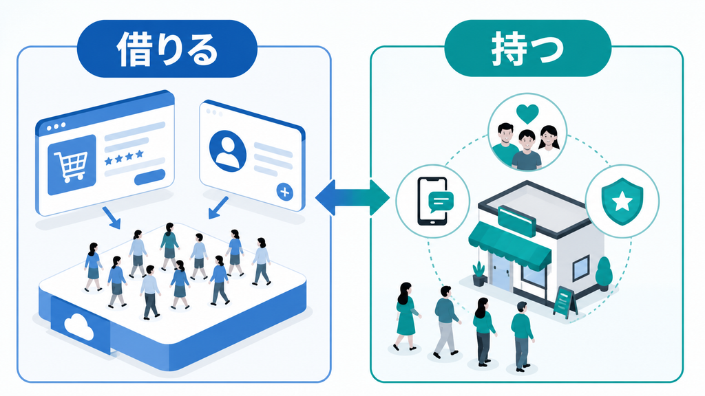プラットフォームの人流や商品ページと、常連客や直接の関係という自社資産を対比した図解