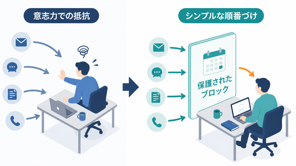 意志の強さで予定を守る方法と、先に時間枠を確保して仕事を避ける方法の比較